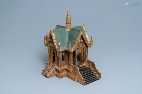 A parcel-gilt carved wood miniature temple, Thail…