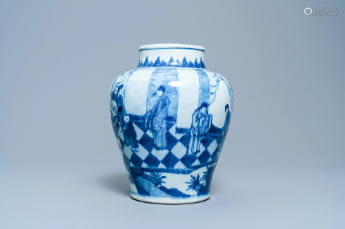 A Chinese blue and white vase with figures in an