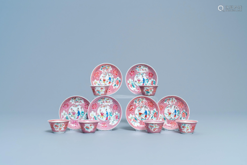 Six Chinese famille rose cups and saucers with a lady