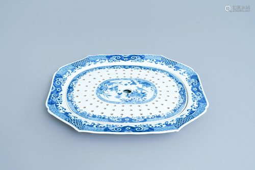 A Chinese blue and white fish strainer on stand,