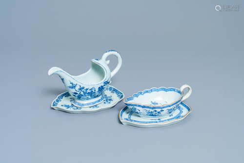 Two Chinese blue and white sauce boats on stands,