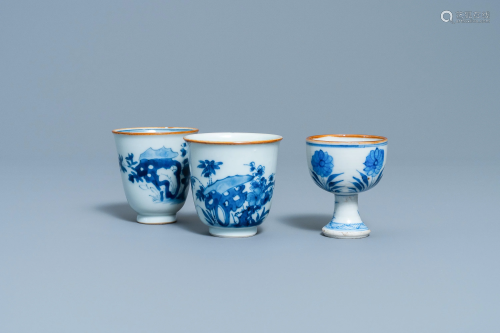 Two Chinese blue and white wine cups and a stem…