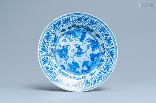 A Chinese blue and white 'Mongolian hunting' dish,