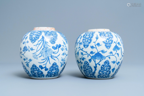 A pair of Chinese blue and white jars with floral
