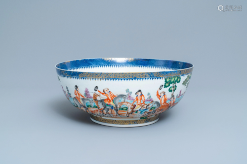 A large Chinese famille rose 'hunting' bowl for the