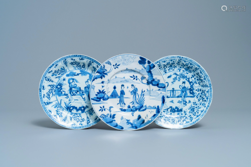 Three Chinese blue and white 'Long Eliza' plates,