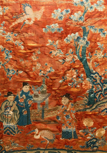 Three Chinese embroidered silk panels depic…