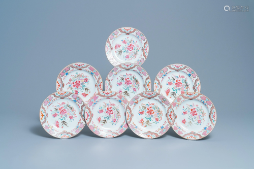 Eight Chinese famille rose plates with floral design,