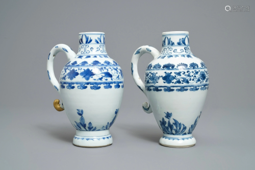 A pair of Chinese blue and white ewers, Transitional