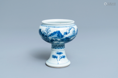 A Chinese blue and white stem cup with a conti…
