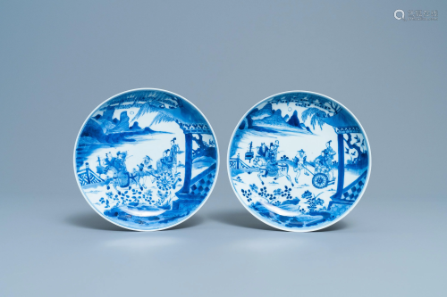 A pair of Chinese blue and white plates with a