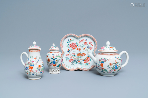 A Chinese famille rose teapot, tea caddy, milk jug and