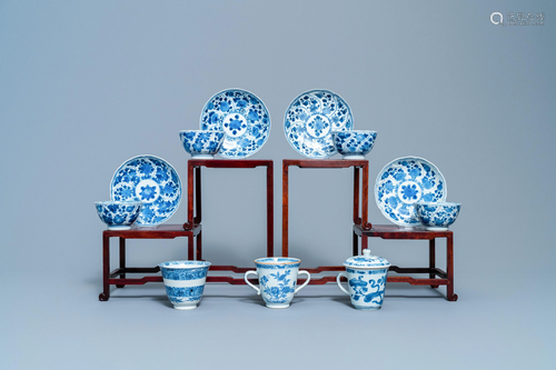 Four Chinese blue and white cups and saucers and …