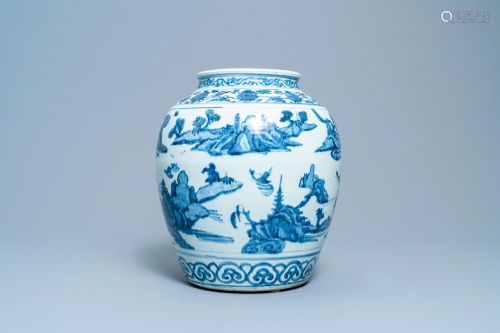 A Chinese blue and white vase with boats in a
