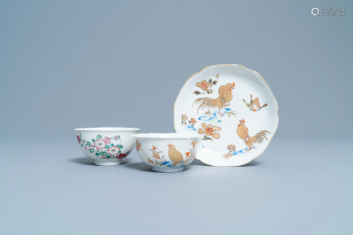 A Chinese gilt-decorated cup and saucer and a floral