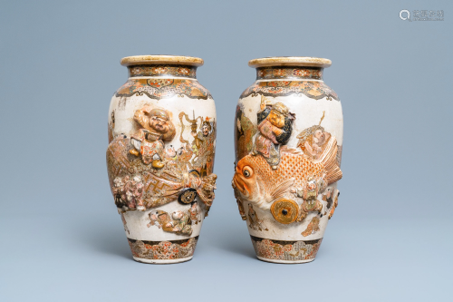 Two Japanese relief-moulded Satsuma vases, Meiji…