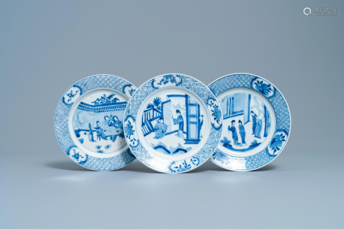 Three Chinese blue and white plates, Chenghua marks,