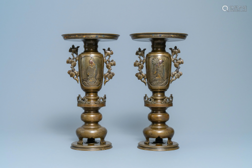 A pair of Japanese gold, silver and copper inlaid