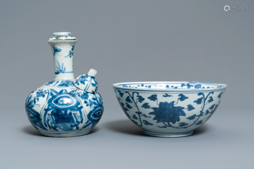 A Chinese blue and white kendi and a 'lotus scroll'