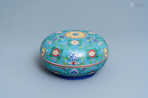 A round Chinese cloisonne box and cover, 19t…