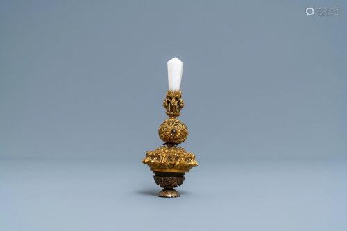 A Chinese agate and crystal-embellished gilt bronze
