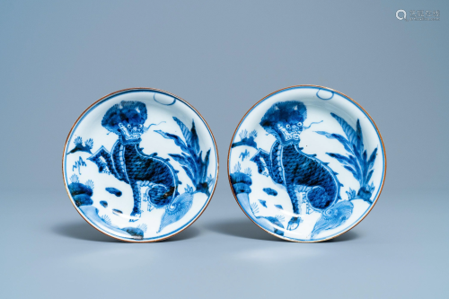 A pair of Japanese blue and white Arita 'qilin' plates,