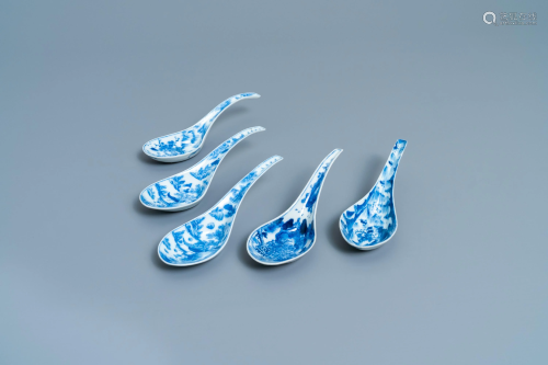 Five Chinese blue and white 'landscape' spoons, 19…