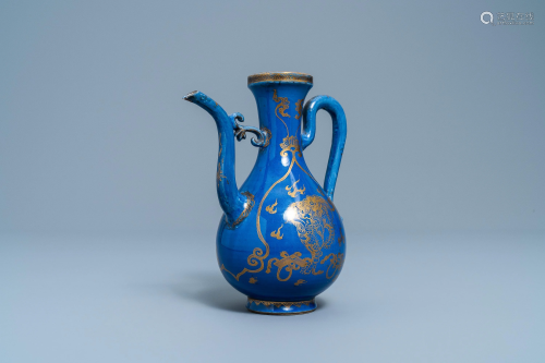 A Chinese gilt-decorated powder blue-ground jug with