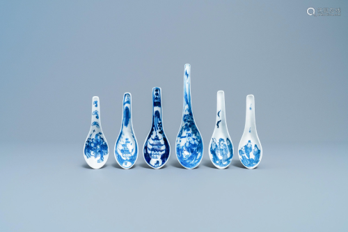 Six Chinese blue and white spoons with figures and