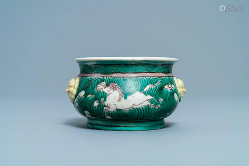 A Chinese verte biscuit censer with horses, Kangxi