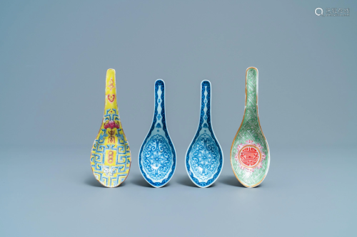 Four Chinese blue and white and famille rose spoons,