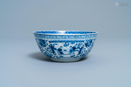 A Chinese blue and white bowl with figurative pa…