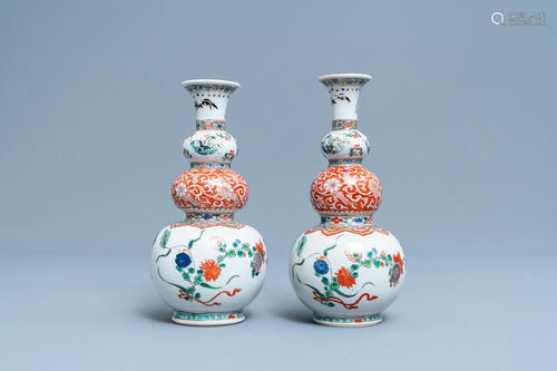 A pair of Chinese famille verte triple gourd vases,