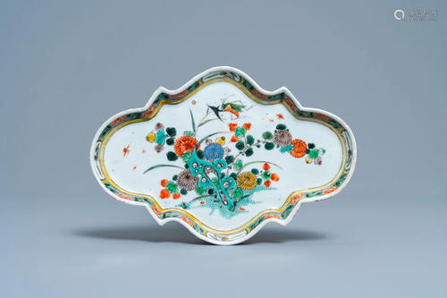 A rare Chinese famille verte tray on four feet, Kangxi