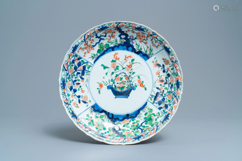 A Chinese famille verte dish with a flower basket,