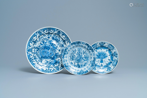 A Chinese blue and white dish and two plates after