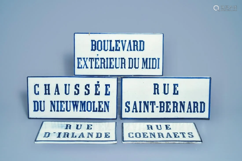 Five blue and white street name signs, Brussels