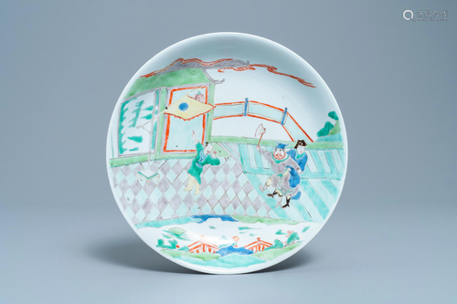 A Chinese famille verte dish with a narrative scene,