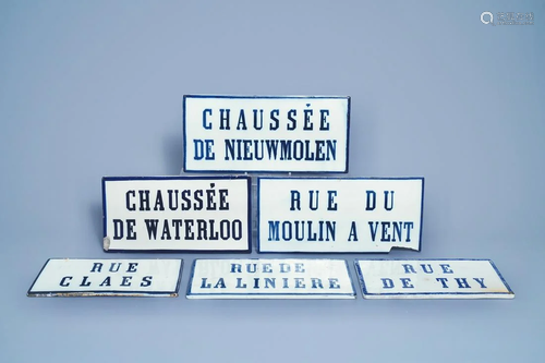 Six blue and white street name signs, Brussels