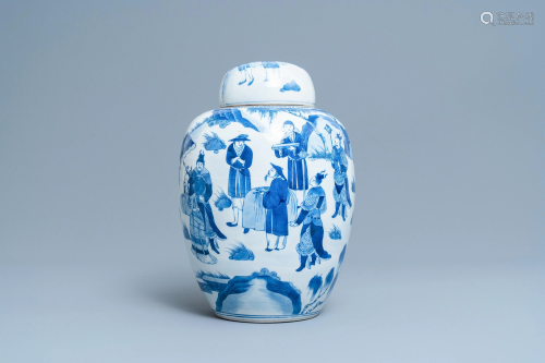 A Chinese blue and white covered jar with figur…