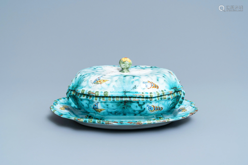 A Brussels faience tureen and cover on stand …