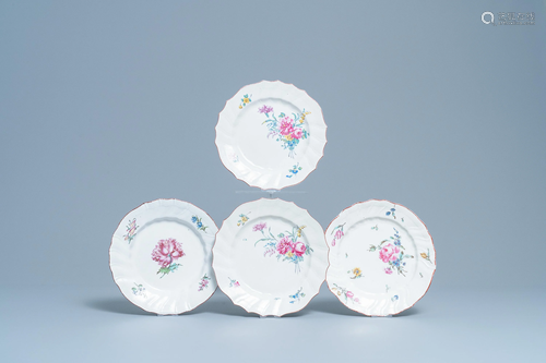 Four polychrome Tournai porcelain plates with flowers,