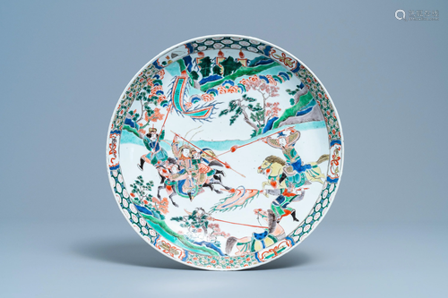 A Chinese famille verte dish with warriors on