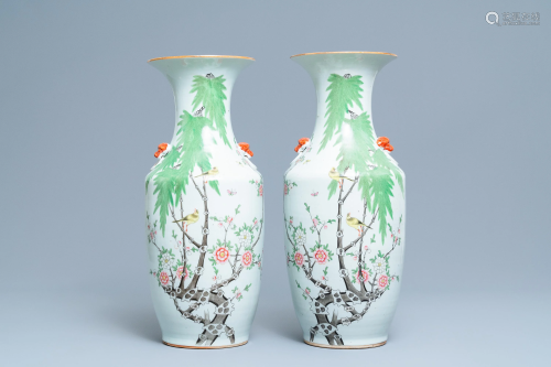 A pair of Chinese famille rose vases with birds …