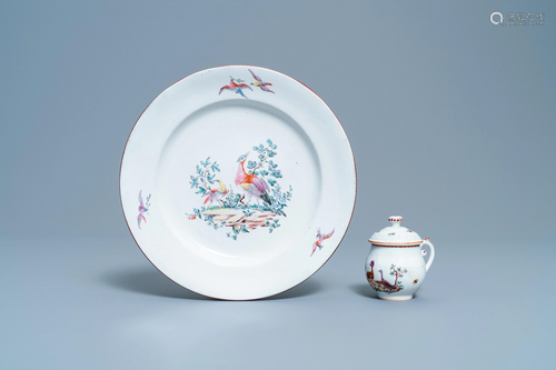 A polychrome Tournai porcelain plate and a cream …