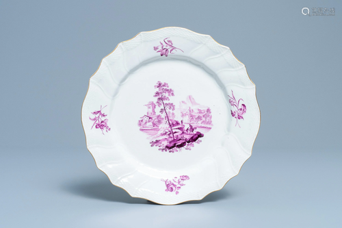 A Tournai porcelain plate with purple landscape design,