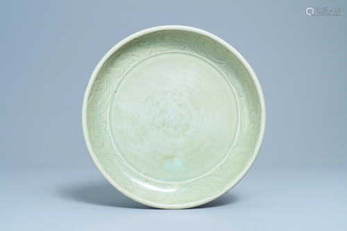 A Chinese Longquan celadon dish with incised floral