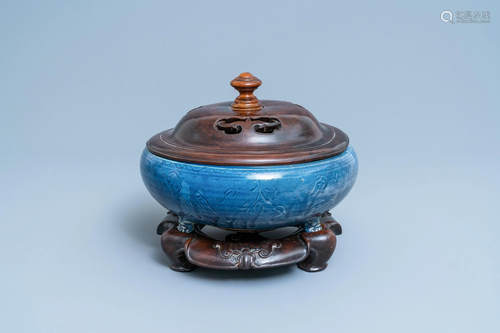 A Chinese monochrome blue censer with incised floral