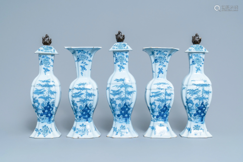 A Dutch Delft blue and white five-piece garniture with