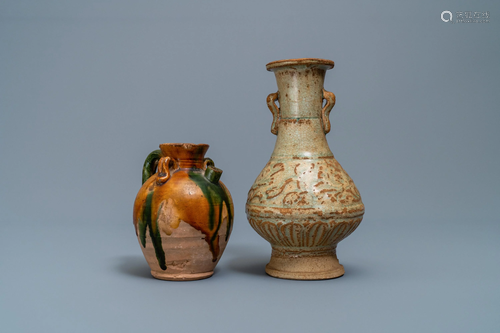 A Chinese sancai ewer and a celadon-glazed bottle …